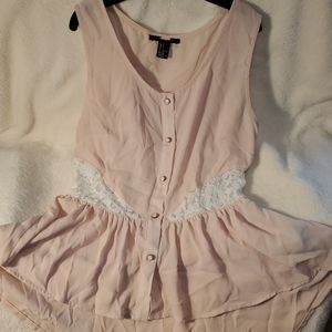 Shirt Top Pink White Lace Incerts Button front Hip Length